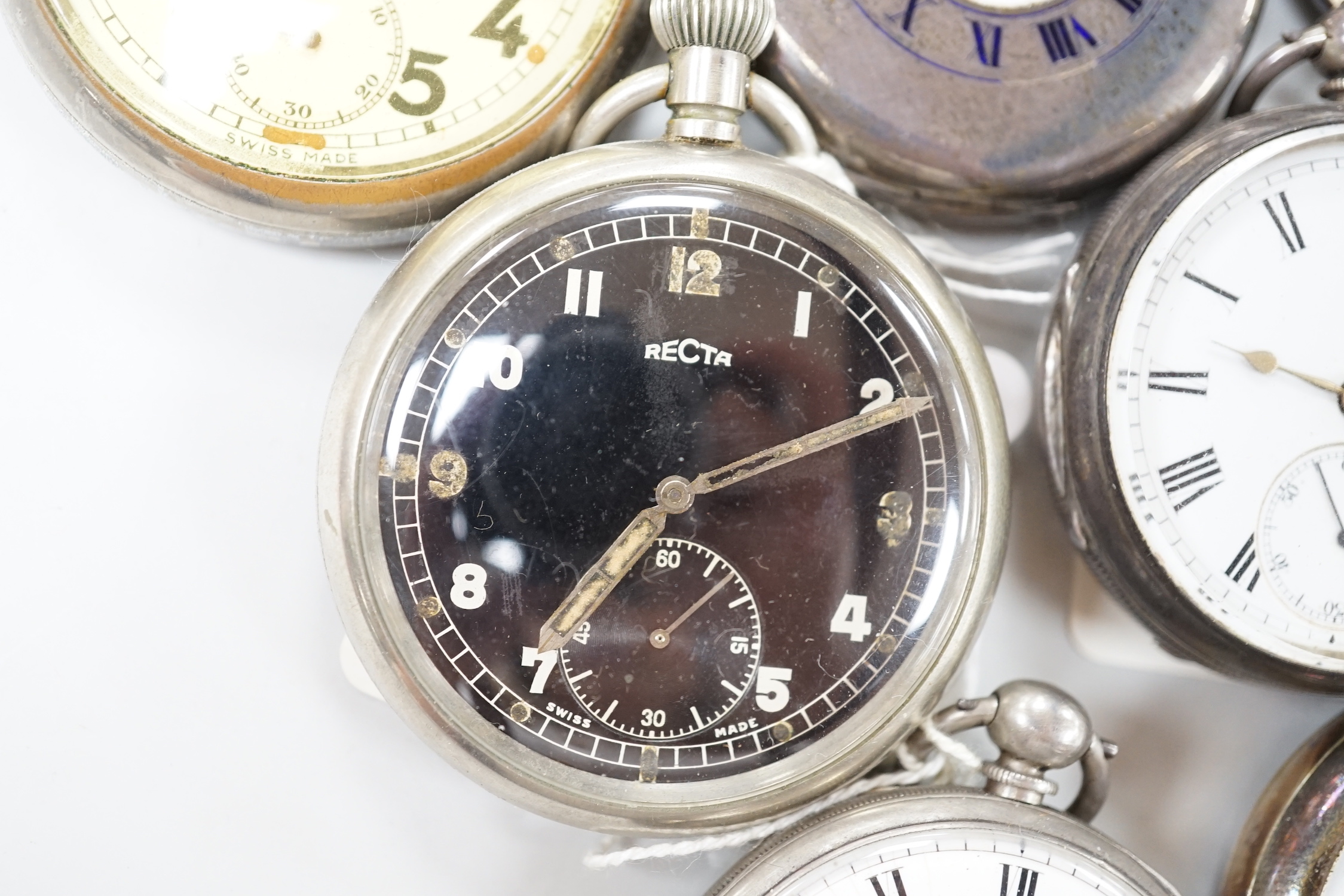 Fourteen assorted mainly base metal pocket watches including two Jaeger LeCoultre and a chronograph.